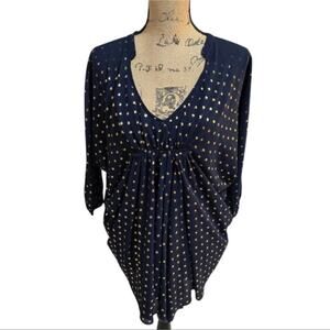 Aryn K. Navy Blue and Gold Babydoll V-Neck Blouse Size Small New